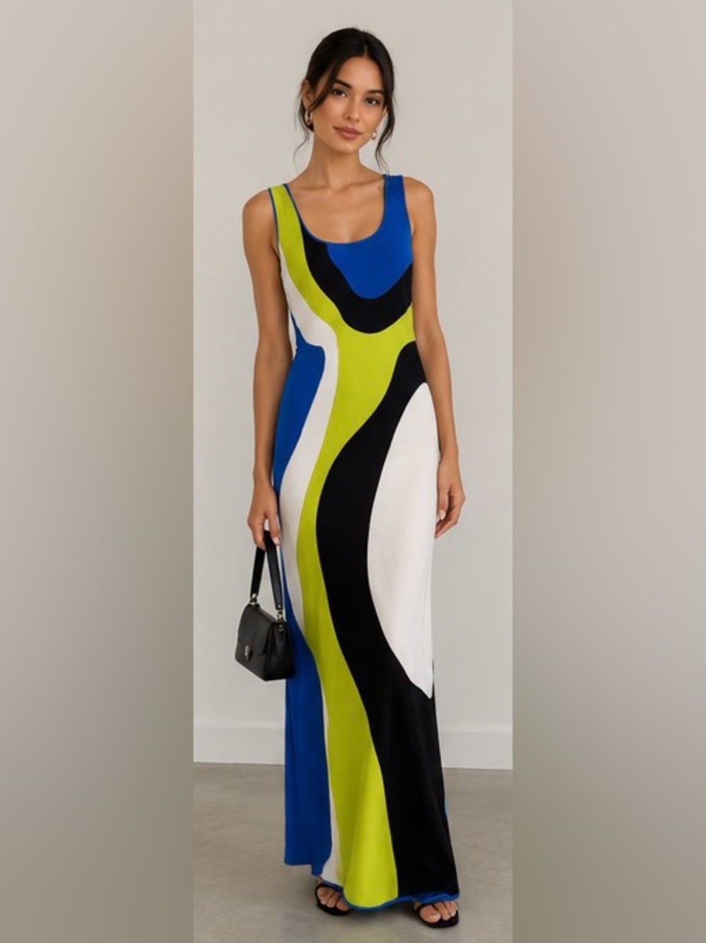 Ronny Kobo Collection Sleeveless Maxi Dress in Blue, Lime, Black & White (Revol